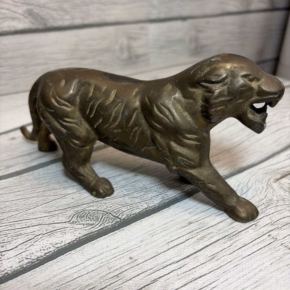 Vintage Bronze Brass Toned Cast Bengal Tiger Figurine 8” Length